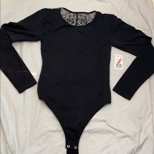 Black long sleeve open back lace, thong bodysuit